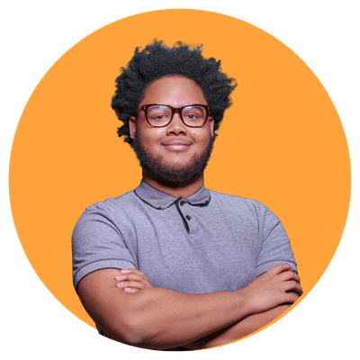 Person with arms crossed, orange background